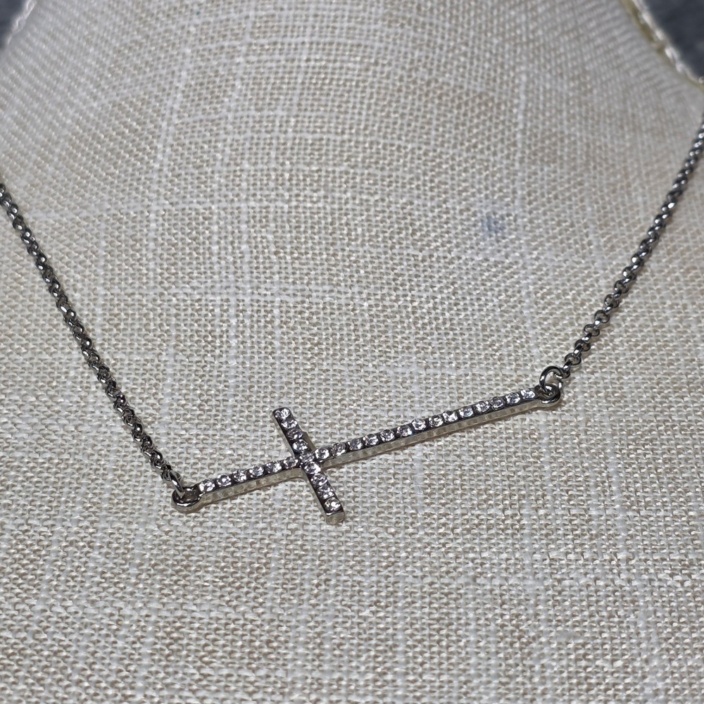 AERO Rhinestone Cross Necklace Sideway Silver Religious Jewelry‎ Aeropostale